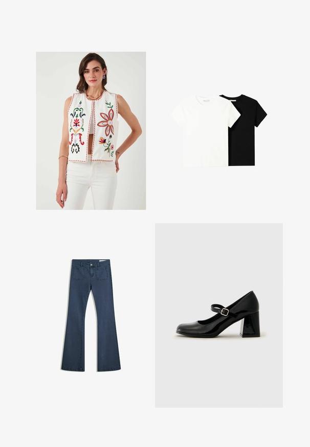 Weißer bestickter Weste mit floralen Motiven in Rot, Grün, Pink und Gelb. Verfügt über einen runden Ausschnitt und eine offene Vorderseite, kombiniert mit weißen Hosen.; Zwei kurzärmelige T-Shirts, eines weiß und eines schwarz, aus Baumwolle. Beide haben einen runden Halsausschnitt und ein einfaches, klassisches Design.; Dunkelblaue, ausgestellte Jeans aus Denim mit genähten Taschen, einem Knopfverschluss und einer glatten Textur. Mit einem klassischen Fünf-Taschen-Design.; Schwarze Lackleder-Mary-Jane-Schuh mit runder Zehenpartie, verstellbarem Riemen und einem massiven rechteckigen Absatz. Glatte Textur mit glänzendem Finish.