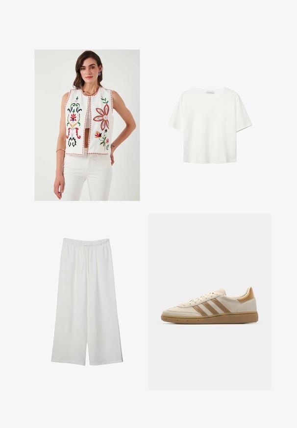 Witte geborduurde vest met florale ontwerpen in rood, groen, roze en geel. Voorzien van een ronde halslijn en een open voorkant, gedragen met witte pantalons.; Witte korte mouwen t-shirt van katoen. Heeft een ronde halslijn en een ontspannen pasvorm. Glad textuur zonder zichtbare patronen of accenten.; Witte wijde broek van lichtgewicht stof, met een elastische tailleband en een trekkoord voor een verstelbare pasvorm. Glad texture.; Beige suède sneakers met lichtbruine accenten. Voorzien van drie bruine stripes, een textuur rubberen zool en een afgeronde neus.