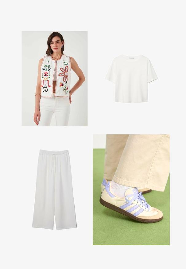 Embroidered white vest with floral designs in red, green, pink, and yellow. Features a round neckline and open front, paired with white pants.; White short-sleeve t-shirt made of cotton. Features a crew neckline and a relaxed fit. Smooth texture with no visible patterns or accents.; White wide-leg trousers made of lightweight fabric, featuring an elastic waistband and a drawstring for adjustable fit. Smooth texture.; Cream and lavender sneakers with three stripes and a textured brown sole, featuring laces and a padded heel. Soft fabric upper.