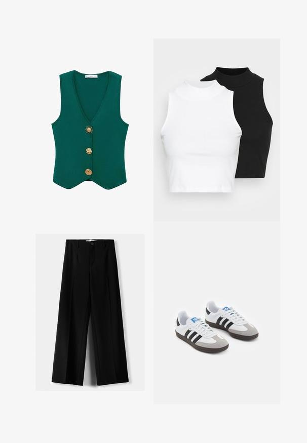 Zeleni bezrukavnik s dubokim V-izrezom, tri dekorativne gumbi, uključujući motiv sunca i teksturiranu tkaninu.; Dvije bezrukavne rebraste majice s visokim ovratnikom u crnoj i bijeloj boji, s prilagođenim dizajnom i glatkom teksturom, te skraćenom dužinom.; Crne široke hlače izrađene od lagane tkanine, s prednjim zatvaranjem na dugme i ravnim prednjim dijelom, sa uredno šivenim rubovima.; Sportske cipele s gornjištem od bijele kože, sivi suedinasti nos i tri crne pruge. Imaju plavi logo na jeziku i teksturiranu gumenu podlogu.