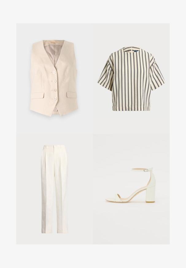 Beige maßgeschneiderte Weste aus einem strukturierten Stoff, mit V-Ausschnitt, vier Vorderknöpfen und zwei seitlichen Taschen. Gefüttertes Interior.; Kurzärmliges, gestreiftes Oberteil in Creme und Marineblau, mit rundem Halsausschnitt und kastiger Form aus strukturiertem Stoff.; Polo Ralph Lauren HEMP WIDE LEG PANT - Stoffhose - nevis; Weißes Leder-Sandale mit Blockabsatz, die ein Knöchelriemen mit einer Schnalle und ein minimalistisches Design aufweist. Offene Zehen und glatte Texturen im gesamten Design.