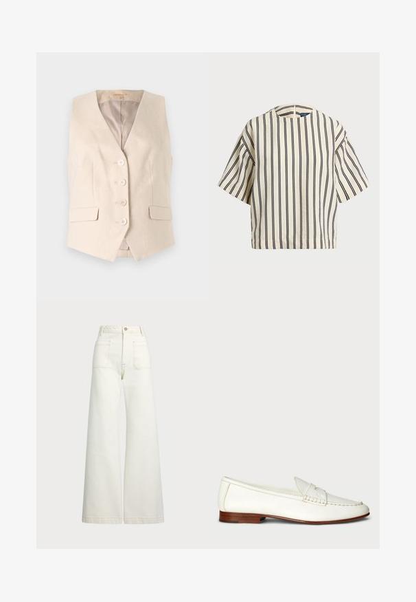 Bež prilagojen brezrokavnik iz teksturirane tkanine, z V-izrezom, štirimi sprednjimi gumbi in dvema stranskima žepoma. Podložena notranjost.; Kratek rokav, prugast top v kremni in mornarsko modri barvi, z okroglim izrezom in kvadratnim dizajnom ter teksturirano tkanino.; Široke jeans hlače v off-white denim tkanini. Visok pas z gumbnim zapiranjem, dvema sprednjima žepoma in detajli kontrastnega šivanja.; Bele usnjene loafers s teksturirano površino, zaobljenim prstom in tkanim poudarjanjem. Nizek leseni petelin in minimalističen dizajn.