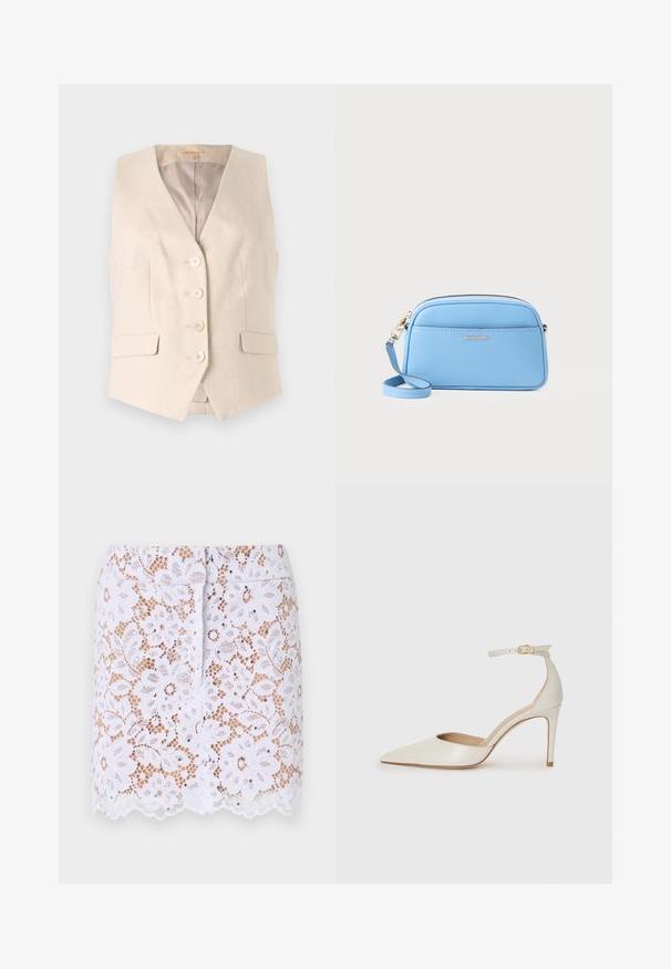 Beżowa kamizelka o dopasowanym kroju, wykonana z fakturowanej tkaniny, z dekoltem w serek, czterema guzikami z przodu i dwiema bocznymi kieszeniami. Podszewka.; Biała, żeberkowana koszulka z krótkim rękawem i okrągłym dekoltem. Materiał wydaje się gładki, z dopasowanym krojem. Widoczna metka z logo przy kołnierzyku.; Biała spódnica koronkowa z kwiecistym wzorem, falbaniastym dołem i dyskretnymi ozdobami. Posiada dopasowany krój i ukryty zamek błyskawiczny z tyłu.; Białe skórzane szpilki z ostrym noskiem, paskiem wokół kostki i cienką szpilkową obcasem. Gładka faktura z subtelnym połyskiem.; Jasnoniebieska skórzana torebka na ramię z złotymi akcentami, zamknięciem na zamek błyskawiczny i przednią kieszenią. Posiada regulowany pasek dla wygody.