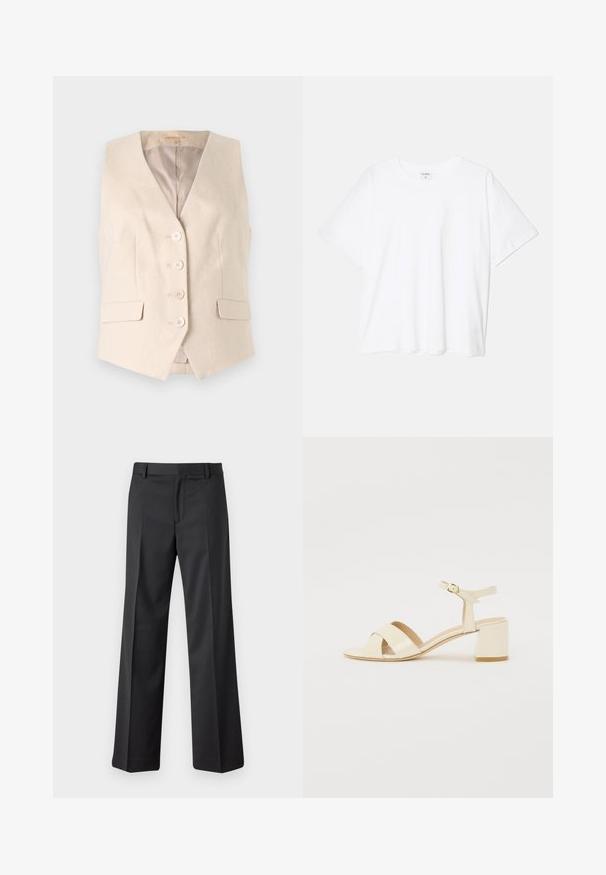 Gilet sur mesure beige en tissu texturé, avec un décolleté en V, quatre boutons sur le devant et deux poches latérales. Intérieur doublé.; T-shirt en coton blanc avec des manches courtes, un col rond, une coupe décontractée et un ourlet cousu. Étiquette visible à l'intérieur du col.; Pantalons larges noirs en tissu lisse. Dotés d'une taille avec passants de ceinture et de plis à l'avant. Coupe droite jusqu'à la cheville.; Sandales à talons en cuir verni beige avec un design à brides croisées, bout ouvert, bride de cheville réglable et un talon carré. Texture lisse.
