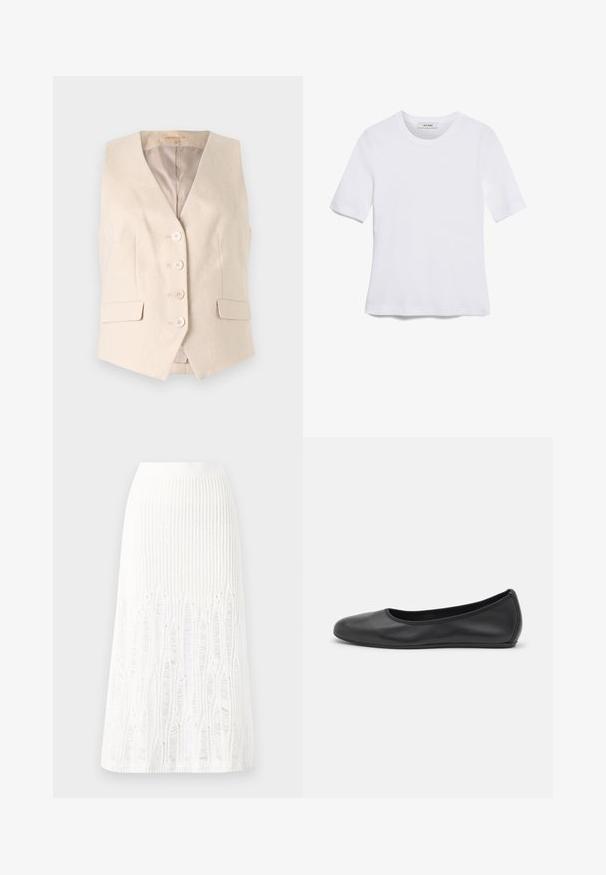 Beige maßgeschneiderte Weste aus einem strukturierten Stoff, mit V-Ausschnitt, vier Vorderknöpfen und zwei seitlichen Taschen. Gefüttertes Interior.; Weißes kurzärmliges T-Shirt aus geripptem Stoff. Runder Halsausschnitt, normale Passform und dezente Nähte. Keine Muster oder Grafiken.; Gestreifte weiße Midi-Rock aus Strick mit einem strukturierten Muster und Ausschnitten am Saum. Elastischer Bund. Weiches Material.; Schwarze Leder-Ballettschuhe mit abgerundeter Spitze, glatter Textur, minimalen Nähdetails und einem flexiblen Sohlen-Design.