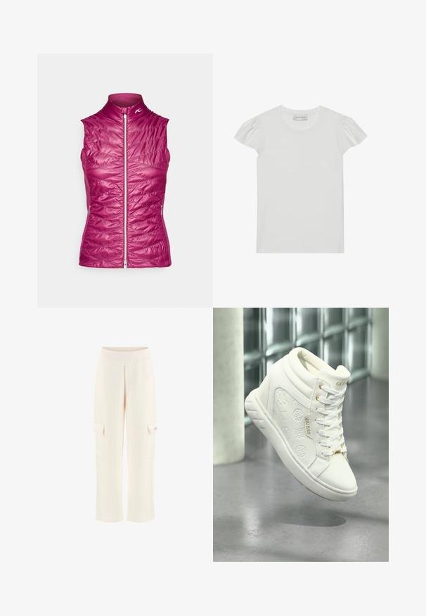 Vest violet fără mâneci, cu guler înalt, textură matlasată, fermoar frontal și buzunare laterale; ușor și conceput pentru căldură.; Tricou alb cu mânecă scurtă, fabricat dintr-un material moale. Are mâneci ușor bufante și un decolteu rotund. Eticheta: "ANNA FIELD" la gât.; Pantaloni cargo de culoare bej deschis, cu un talie elastică, două buzunare laterale și o croială lejeră. Material neted cu o textură mată și un design simplu.; Adidași albi cu glezna înaltă, fabricați dintr-o piele sintetică netedă, cu logo-uri embosate, accente din hardware aurit și șireturi albe. Sole texturată.