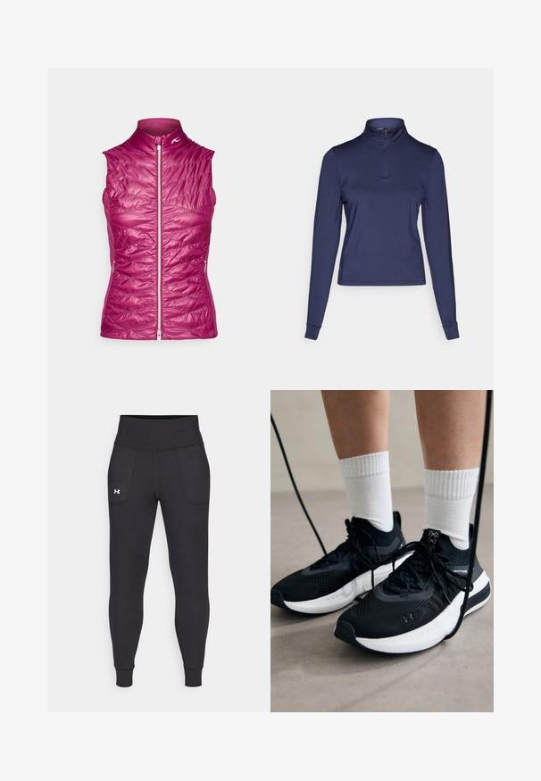 Coletes sem mangas violeta com colarinho alto, textura acolchoada, fecho de correr na frente e bolsos laterais; leve e projetado para proporcionar calor.; Blusa de manga longa em azul-marinho com fecho de meio-zíper, feita de um tecido liso e elástico; apresenta um colarinho alto e punhos ajustados. Design simples com uma silhueta clássica.; Leggings atléticos pretos, feitos de material elástico, com uma cintura alta, bolsos laterais e punhos ajustados no tornozelo.; Sapatilhas desportivas pretas com tecido texturizado, sola branca e atacadores pretos. Usadas com meias brancas caneladas, a pé sobre uma superfície clara.