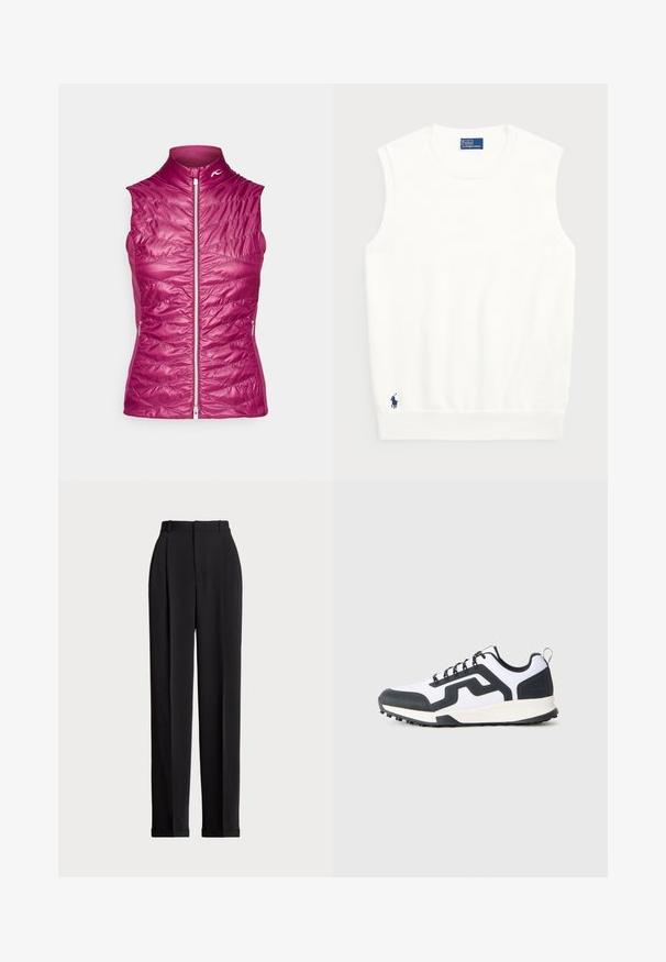 Coletes sem mangas violeta com colarinho alto, textura acolchoada, fecho de correr na frente e bolsos laterais; leve e projetado para proporcionar calor.; Sweater branco sem mangas, feito de algodão liso, com uma bainha canelada e um pequeno logotipo em navy na parte inferior esquerda. Design simples, sem padrões.; Calças pretas ajustadas com uma cintura alta, apresentando pregas na frente, um design de perna reta e bainha com punho. Feitas de tecido suave.; Sapatilha baixa branca e preta com sola de borracha padronizada e design em ziguezague na lateral, mostrada do lado exterior sobre um fundo simples.