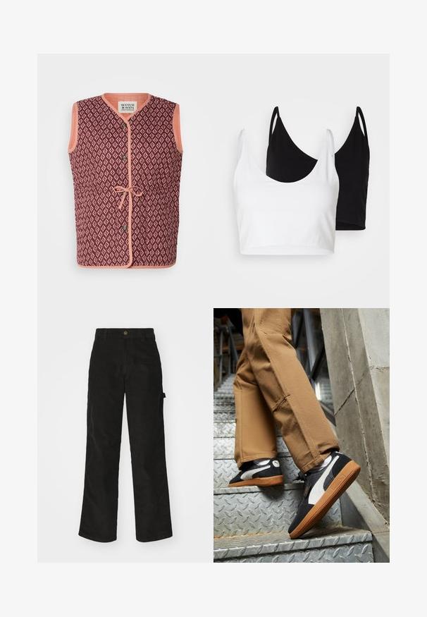 Bezrękawnik z bordowym geometrycznym wzorem, kontrastowymi brzoskwiniowymi wykończeniami, zapięciem na guziki z przodu oraz detalem w postaci wiązania w talii.; Dwa bawełniane topy w kolorze białym i czarnym. Każdy z nich ma głęboki dekolt i cienkie ramiączka, charakteryzujące się gładką, miękką teksturą.; Czarne spodnie z kordurowej tkaniny o prostym kroju nogawki, z zapięciem na guzik i boczną kieszenią. Gładka tekstura z delikatnymi pionowymi paskami.; Czarne i szare zamszowe sneakersy z białymi akcentami i gumowymi podeszwami, noszone na brązowych spodniach podczas wspinania się po metalowych schodach.