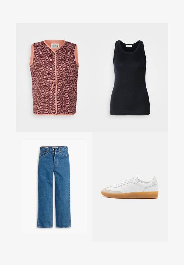 Ärmellose Weste mit einem bordeauxfarbenen geometrischen Muster, kontrastierendem Pfirsichbesatz, einer durchgehenden Knopfschließe und einem Bindeband in der Taille.; Schwarzes Tanktop aus weichem, dehnbarem Stoff. Mit Rundhalsausschnitt und breiten Trägern, tailliert geschnitten und mit glatter Oberfläche.; Blaue Denim-Jeans mit geradem Bein, hoher Taille, fünf Taschen und Knopfverschluss. Auffällige Nähte und Nieten in Kupferfarbe.; Weiße Ledersneaker mit beigen Wildlederakzenten, Gummi-Rahmen und Schnürdesign. Verfügt über dezente Markenkennzeichnung in Gold.