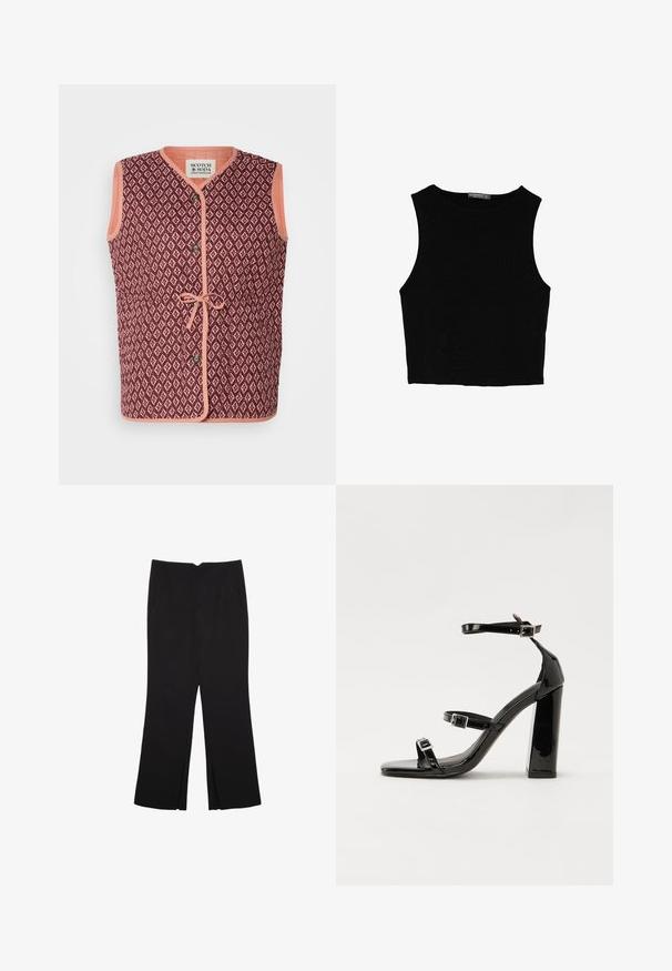 Ærmeløs vest med et bordeaux geometrisk mønster, kontrasterende ferskenfarvet kant, knaplukning foran og en bånddetalje i taljen.; Sort ærmeløs crop top lavet af glat stof, med rund hals og et rent, enkelt design uden mønstre eller hardware.; Sorte bukser med lige pasform, der har frontlommer og slidser i kanten. Lavet af blødt, glat stof. Velegnet til forskellige anledninger.; Sorte patenterede hælsandaler med firkantet tå, ankelremme og sølvspænder. Har en chunky blokHæl for stabilitet.