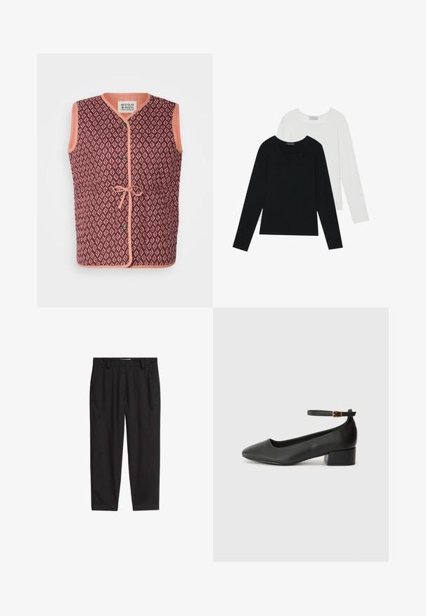 Sleeveless vest with a maroon geometric pattern, contrasting peach trim, front button closure, and a tie detail at the waist.; Two long-sleeve tops, one black and one white, both featuring a square neckline and made from soft, stretchy fabric.; Black, cotton trousers with a straight leg design, featuring belt loops and two side pockets, finished with a smooth texture.; Black leather pump with a pointed toe and a low block heel. Features an ankle strap with a gold-tone buckle. Smooth texture.