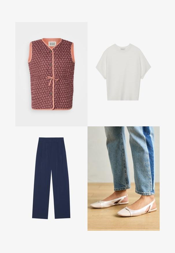 Žakett ilma varrukat, millel on marooni värvi geomeetriline muster, kontrastne virsiku värvi ääris, eesnupudega kinnitamine ja seotud detail vöökohtal.; Valge lühikeste varrukatega T-särk laia ümaraha kaelusega ja tekstureeritud ribapatterniga, pehmest kangast, lõdva istuvuse ja puhta disainiga.; Tumedat sinised laiad püksid pehmest kangast, millel on esipleekid, sile pind ja sirge lõige, ilma nähtavate taskuteta.; Kahvatu roosa slingback lapikute jalatsite paar, millel on terav varvas, valmistatud siledast nahataolisest materjalist. Omab külgedel lõikekohti ja lapikut kontsa.