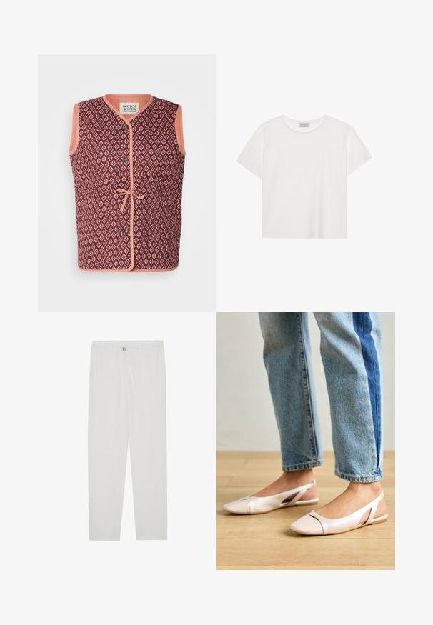 Sleeveless vest with a maroon geometric pattern, contrasting peach trim, front button closure, and a tie detail at the waist.; White short-sleeve T-shirt made of soft cotton. Features a round neckline and relaxed fit. Clean design with no visible patterns or accents.; White, tailored trousers with a straight leg design, featuring a button closure, belt loops, and side pockets; smooth fabric texture.; Pale pink slingback flats with a pointed toe, made from a smooth leather-like material. Features cut-out details at the sides and a flat heel.