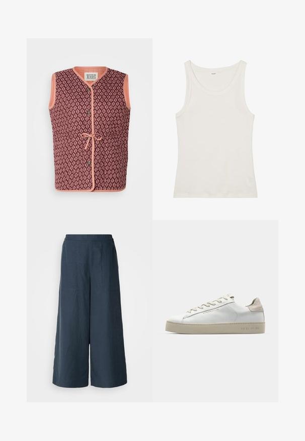 Bezrękawnik z bordowym geometrycznym wzorem, kontrastowymi brzoskwiniowymi wykończeniami, zapięciem na guziki z przodu oraz detalem w postaci wiązania w talii.; Biała bawełniana koszulka na ramiączkach z szerokim dekoltem i cienkimi ramiączkami. Gładka faktura bez widocznych wzorów czy zdobień.; Spodnie z szerokimi nogawkami w kolorze granatowym, wykonane z lekkiego materiału. Cechują się lekko teksturowaną powierzchnią, elastycznym pasem oraz szwami z przodu.; Białe skórzane sneakersy o gładkim wykończeniu, beżowe zamszowe akcenty, okrągły czubek, płaski system wiązania i teksturowana gumowa podeszwa.