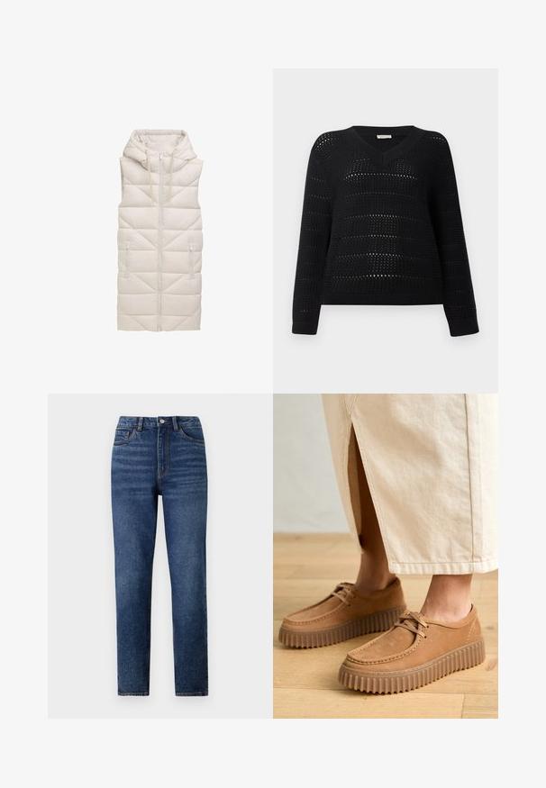 Beżowa kamizelka puchowa z kapturem, z zamkiem z przodu, dwoma bocznymi kieszeniami i pikowanym wzorem w diamenty na całej powierzchni materiału.; TOM TAILOR DENIM - Sweter; Jeans z wysokim stanem w kolorze niebieskim, o prostym fasonie, z delikatnym przecieraniem, zapięciem na jeden guzik i pięcioma kieszeniami.; Tanie skórzane buty o teksturowanej powierzchni, okrągłym nosku i grubej, żłobionej podeszwie. Sznurowadła i detale szycia podkreślają design.