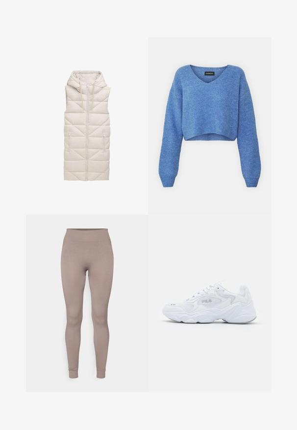 Beige puffer-väst med huva, med dragkedja framtill, två sidofickor och ett kviltat diamantmönster genom hela tyget.; Sininen lyhyt neulepaita, jossa V-pääntie, ribattua pintakuviointia ja pitkät hihat. Valmistettu pehmeästä materiaalista. Merkki: even&odd.; Ribbed leggings in a soft taupe color, featuring a high waistband, slim fit, and tapered ankles. Made from a textured, stretchable fabric.; Valkoinen urheilukenkä, jossa on teksturoitu verkkokangasyläosa, pehmustettu nilkkaosa ja paksu pohja. Sivussa on logo ja kengässä on nauhakiinnitys.