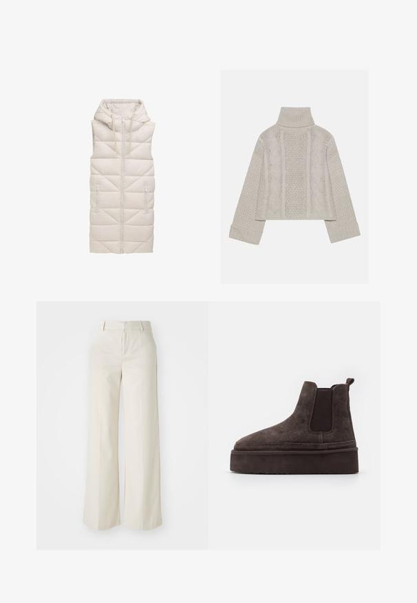 Bežs pūšamais veste ar kapuci, ar rāvējslēdzēju priekšā, divām sānu kabatām un izšūtu dimanta rakstu visā audumā.; Izgriezts, gaiši pelēks adīts džemperis ar augstu apkakli un ribotiem piedurknēm, ar fakturētām virknēm gar muguru un sāniem.; Platas kājās bikses gaisā bežā krāsā, izgatavotas no gludas auduma. Iezīmē klasisku jostasvietu un plakanu priekšpusi ar tīrām līnijām.; Brūni zamša Chelsea zābaki ar elastīgiem sānu paneļiem un biezas, teksturētas platformas zoli. Iespējams, ir vilkšanas cilpa uz papēža, kas atvieglo uzvilkšanu.