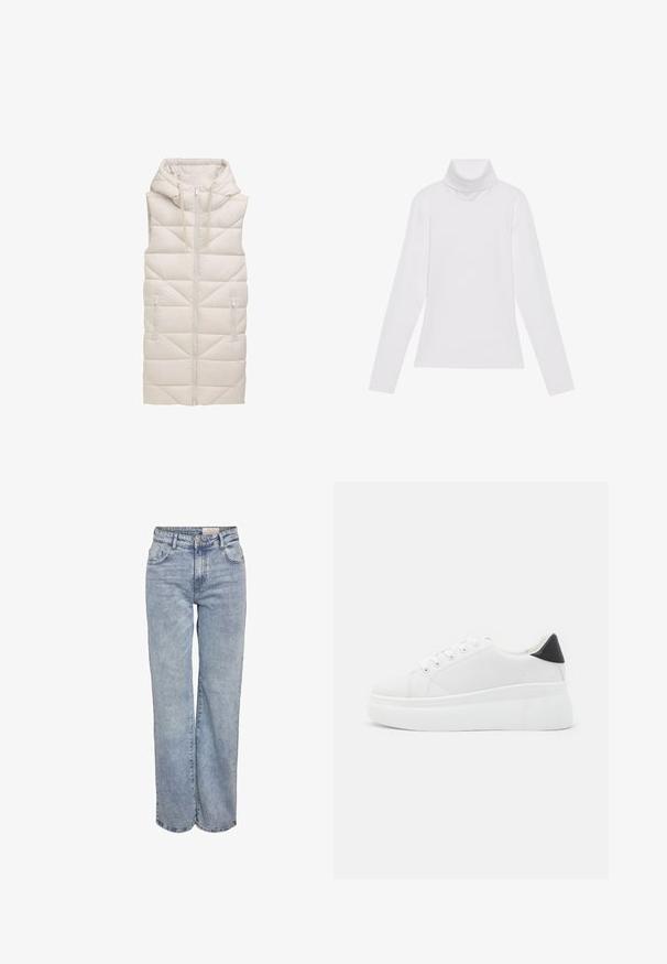 Bežinis pūkinis liemenė su kapišonu, su užtrauktuku priekyje, dviem šoninėm kišenėm ir siuvinėtu rombų raštu visame audinyje.; Baltas ilgomis rankovėmis turtleneko tipo marškinėliai, pagaminti iš lygaus, tamprus audinys. Yra aukštas apykaklė ir prisitaikantis dizainas, be matomų raštų ar papuošimų.; Šviesiai mėlyni plačios kojų džinsai, pagaminti iš džinsinio audinio, pasižymintys aukštu liemeniu, penkių kišenių dizainu ir subtiliu blukimu, kad atrodytų jau dėvėti.; Balti platforminiai sportbačiai, pagaminti iš lygios sintetinio audinio, su apvaliu pirštu, raištelių užsegimu ir tekstūruota guma padanga. Juodas kulno akcentas.