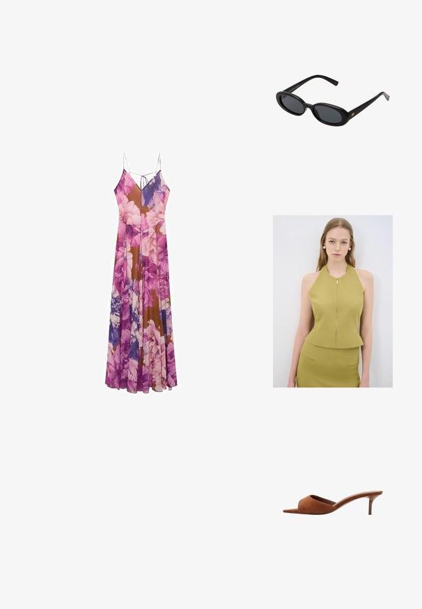 Ärmelloses olivgrünes Oberteil mit hohem Halsausschnitt und sichtbarem goldenen Reißverschluss, kombiniert mit einem passenden, eng anliegenden Rock mit zwei Taschen.; Florales Maxikleid mit einer Mischung aus lila und braunen Farbtönen, leichtem Stoff, dünnen Spaghettiträgern und einer fließenden Silhouette.; Braune Wildleder-Pantoletten mit offenen Zehen und einem geschwungenen Design, ausgestattet mit einem niedrigen Stiletto-Absatz und glatten, minimalistischen Linien.; Schwarze, oversized Sonnenbrillen mit ovalen Gläsern, glattem Kunststoffrahmen und goldenen Akzenten an den Bügeln. Die dunklen Gläser bieten Sonnenschutz.; Geflochtene Strohtasche mit Bambusgriffen, ausgestattet mit einem strukturierten Fransen-Design in natürlichem Beige und einem goldenen Kettenriemen.