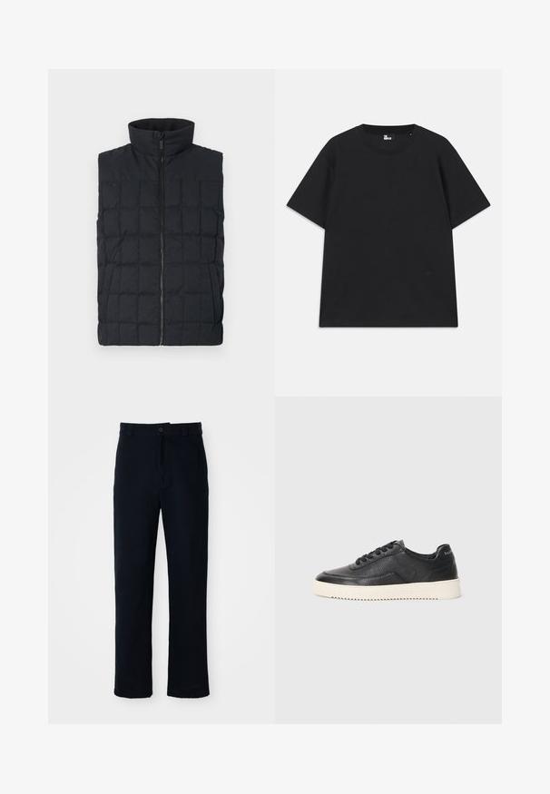 Črni puhovni brezrokavnik s kvadratnim pikčastim šivom, visokim ovratnikom in sprednjim zadrgo, ki ima stranske žepke. Mehka tekstura tkanine.; Črn kratkosleeven majica iz bombaža, z okroglim izrezom in majhnim logotipom pri robu. Gladka tekstura, običajen kroj.; Temno modri hlače iz bombaža, s ravnim krojem, sprednjim gumbom in klasičnim pasom z zankami za pas.; Črne usnjene superge z teksturiranim zaključkom, okroglo konico in ravnim belim gumijastim podplatom. Imajo črne vezalke in označbo na peti.