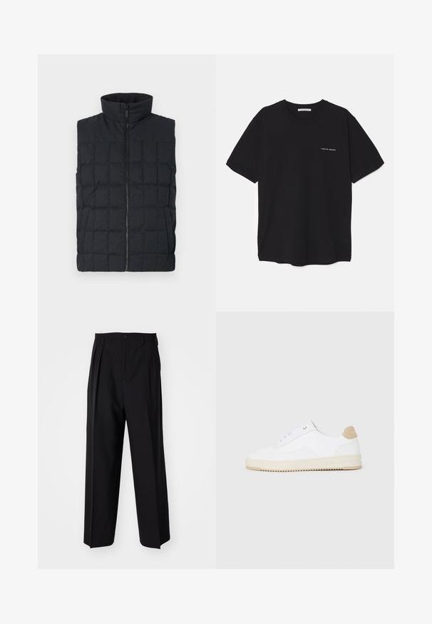 Kvalitetna crna padded prsluk s visokim ovratnikom i prednjim zatvaranjem na zip, sa kvadratnim šavovima i bočnim džepovima. Mekana tekstura tkanine.; Crna pamučna majica s okruglim izrezom, kratkim rukavima i bijelim logotipom otisnutim na lijevoj strani prsnog koša. Jednostavan dizajn u jednoj boji.; Crne plisirane hlače s ravnim širokim nogavicama. Izrađene od glatkog materijala, s dugmadi za zatvaranje i petljama za remen.; Bijele niske tenisice s gornjim dijelom od teksturirane kože, kremasto žljebastim potplatom i smeškim akcentom na peti. Imaju bijele vezice i detalj s logotipom na peti.