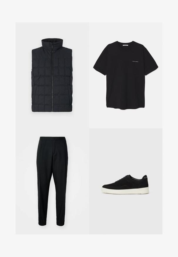Mustat tikatut untuvatakki, jossa on korkea kaulus ja etuvetoketju, neliömäisellä ompeleella ja sivutaskuilla. Pehmeä kangas.; Musta puuvillapaita, jossa on pyöreä kaula-aukko, lyhyet hihat ja valkoinen logopainatus vasemmassa rinnassa. Yksinkertainen, tasavärinen design.; Mustat kapeat housut, joilla on sileä rakenne, joustava vyötärö ja resorit. Edessä taitteet, jotka antavat siistin ilmeen.; Mustat mokkakengät nauhoilla ja kontrastivalkoisella kumipohjalla. Varustettu teksturoiduilla sivupaneeleilla ja huomaamattomalla brändäyksellä kantapäässä.