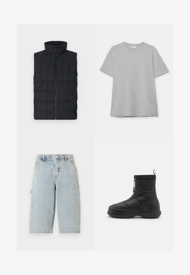 Kvalitetna crna padded prsluk s visokim ovratnikom i prednjim zatvaranjem na zip, sa kvadratnim šavovima i bočnim džepovima. Mekana tekstura tkanine.; Siva majica s kratkim rukavima napravljena od mekane, teksturirane tkanine. Ima klasičan izrez oko vrata i ravni rub, prikladna za svakodnevno nošenje.; Noon Goons RUNAWAY - Kratke hlače od trapera - washed blue; Crni vodootporni snježni čizmi s glatkim sintetičkim gornjim dijelom, zatvaranjem na patentni zatvarač, podstavljenim ovratnikom i teksturiranom gumenom potplatom. Osvijetljen "MOON BOOT" brandiranjem.