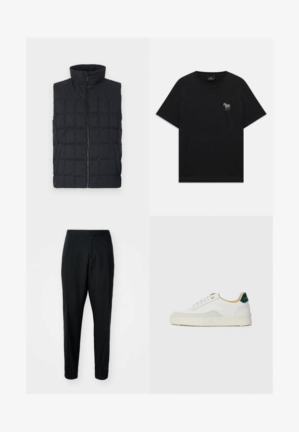 Juoda pūkinė liemenė su aukštu apykakle ir priekiniais užtrauktukais, turinti kvadratinius siuvinėjimus ir šoninius kišenių. Minkštas audinio paviršius.; Juodas trumpa rankovėmis T-shirt su maža balta siuvinėta zebra kairėje krūtinės pusėje ir apvaliu iškirpimu.; Juodos siaurėjančios kelnės su lygiu paviršiumi, elastine juosta ir rankogaliais. Priekyje yra klostės, suteikiančios elegantišką išvaizdą.; Baltos sportbačiai su zomšos akcentais, apvaliu nosiu, plokščiais raišteliais ir kreminės spalvos guminiu padu. Ant kulno yra žalia ženklinimo detalė.