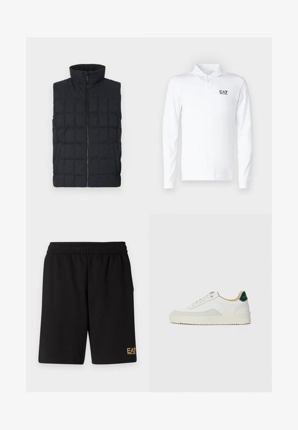 Colete puffer preto acolchoado com gola alta e fecho frontal, apresentando costura em quadrados e bolsos laterais. Textura de tecido suave.; Camisa polo de manga longa branca, feita de algodão, com colarinho clássico, três botões e um logo EA7 preto no peito.; Calções desportivos pretos feitos de um tecido suave, com um cós elástico e um pequeno logótipo amarelo EA7 na parte inferior da perna esquerda.; Tênis brancos com detalhes em camurça, bico arredondado, atacadores planos e sola de borracha creme. Apresenta uma marcação verde no calcanhar.