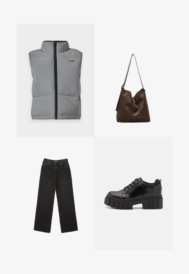 Gilet grigio imbottito senza maniche con colletto alto, cerniera nera frontale e piccolo logo nero sul lato sinistro del petto.; Maglione lavorato a maglia blu navy, texture morbida, scollatura rotonda, spalle scese, lunghezza cropped, polsini e orlo a coste.; Jeans neri a gamba larga realizzati in denim, caratterizzati da piccoli motivi a pois, design classico a cinque tasche e chiusura con bottone e zip.; Scarpe platform in pelle nera con tacco a blocco robusto, punta rotonda e design tradizionale con lacci. Presentano una superficie liscia e dettagli minimi.; Borsa hobo in suede marrone con una parte superiore curva, una lunga tracolla con dettagli a pois e una consistenza morbida. Presenta un design morbido per un uso casual.