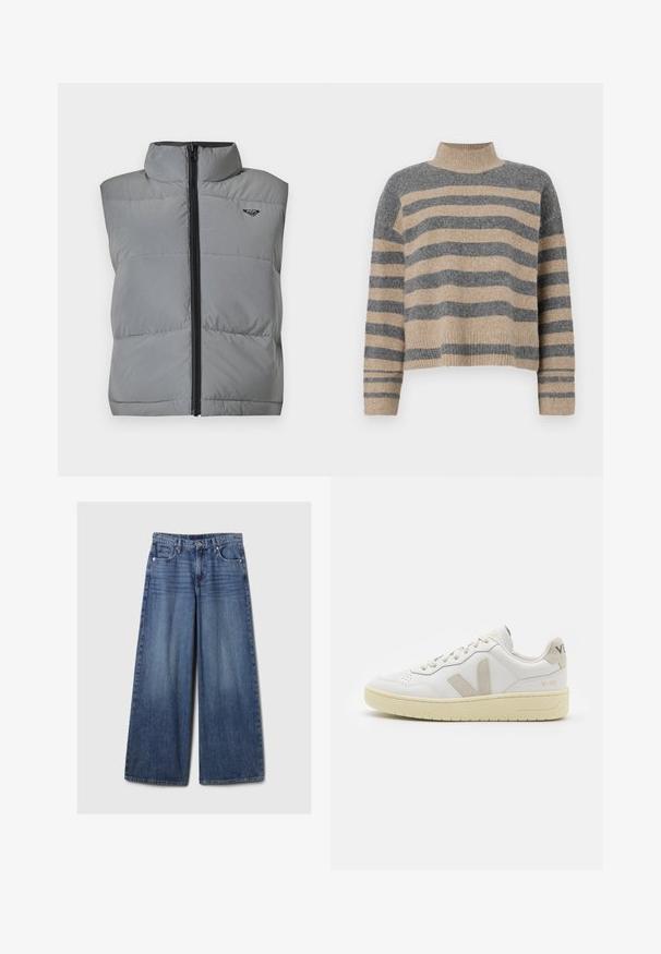 Colete cinza acolchoado sem mangas com colarinho alto, fecho frontal preto, e pequeno logotipo preto no canto superior esquerdo do peito.; Sweater de malha às riscas com cores cinza e bege, gola alta, mangas largas com punhos e um corte solto com design cropped.; Calças de ganga azul de perna larga com um acabamento desbotado, apresentando um fecho de botão e zipper, cinco bolsos e passantes para cinto.; Sapatilha de couro branca com detalhes em camurça bege, biqueira perfurada, atacadores planos e sola texturizada creme. Apresenta uma marcação subtil no calcanhar.