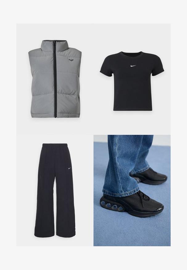 Sivá bezrukávová prešívaná vesta s vysokým golierom, predným čiernym zipsom a malým čiernym logom na hornej ľavej strane hrude.; Čierne tričko s krátkym rukávom vyrobené z bavlny s okrúhlym výstrihom. Obsahuje biele logo Nike na hrudi, minimalistický dizajn a priliehavý strih.; Čierne široké nohavice s elastickým pásom a malým bielym logom Nike. Tkanina má hladkú textúru, navrhnutá pre pohodlie a neformálne nosenie.; Čierne atletické tenisky s vrchným materiálom z elastického sieťového textilu, s textúrovanými akcentmi a viditeľnými vzduchovými podložkami v podrážke. Nosené s modrými džínsami.