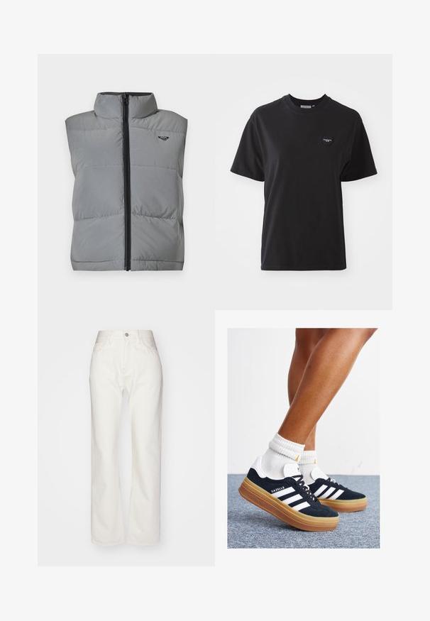 Chaleco gris acolchado sin mangas con cuello alto, cremallera negra en la parte delantera y pequeño logo negro en la parte superior izquierda del pecho.; Camiseta de algodón negra con cuello redondo, mangas cortas y un pequeño logotipo en forma de corazón en la parte superior izquierda. Textura suave, corte relajado.; Pantalones de mezclilla blanca con una alta cintura y un ajuste de pierna ancha. Presenta un cierre de botón y cremallera, presillas para cinturón y detalles de costura sutil.; Zapatillas deportivas de gamuza negra con rayas y detalles blancos, puntera redondeada, suela de goma color caramelo, combinadas con calcetines blancos acanalados a la altura del tobillo.