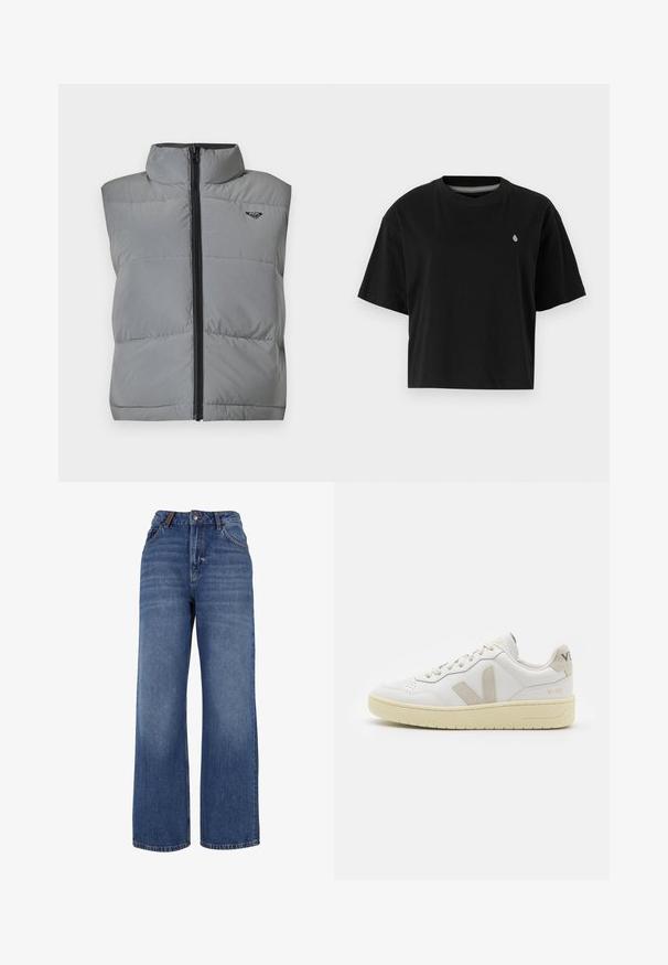 Juodas be rankovių pilkas paduotas liemenė su aukštu apykakle, priekyje juodas užtrauktukas ir mažas juodas logotipas kairėje krūtinės pusėje.; Juodas trumpas medvilninis marškinėliai su trumpomis rankovėmis, apvaliu iškirpimu ir mažuoju baltu logotipu kairėje krūtinės pusėje.; Plati kojinės džinsai, pagaminti iš vidutinio svorio mėlynos medvilnės audinio. Su klasikinio penkių kišenių dizainu ir užtrauktuku su saga.; Balti odiniai sportbačiai su kreminiais zomšos akcentais, perforuota pirštų dalimi, plokščiomis raišteliais ir struktūruota kreminėmis padomis. Ant kulno yra subtilus ženklinimas.