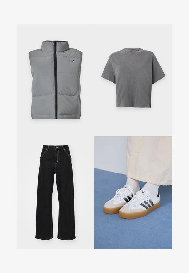 Ermeløs grå polstret vest med høy krage, sort glidelås foran og liten svart logo på øvre venstre bryst.; Grå kortermet cropped T-skjorte med rund hals og liten sentrert hvit "carhartt" logo på forsiden.; Svarte vide jeans laget av denim, med kontrasterende hvite sømmer og en frontknapplukking, samt to skrå frontlommer.; Hvite sneakers med svarte striper og beige semsket skinn-detaljer. Har en teksturert gummisåle og flate hvite snører, brukt med lyse sokker.