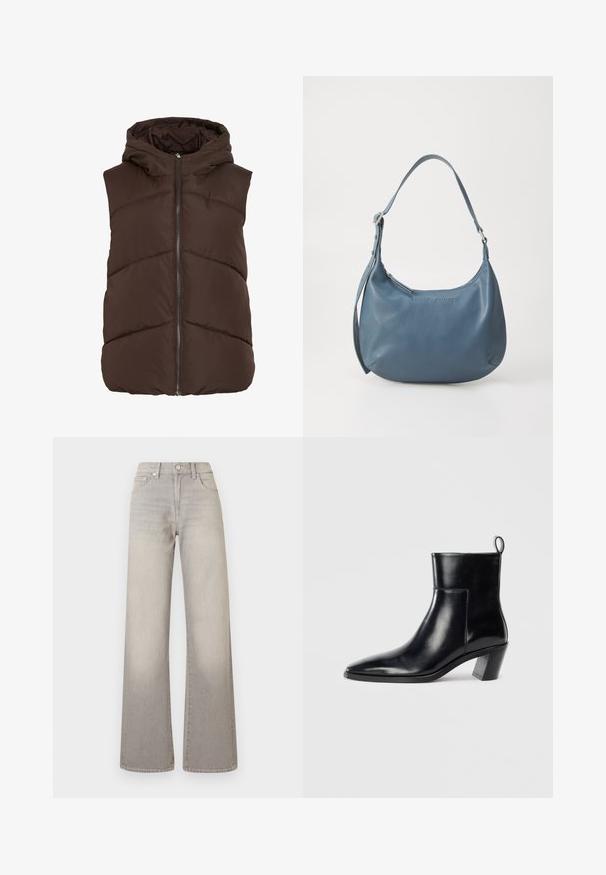 Ruskea toppaliivi hupulla, jossa on etuvetoketju ja kalanruotokuvioinen tikkaus. Sileä, eristetty kangas, jossa pehmeä pinta.; Musta V-paita pehmeästä villasekoitteesta, jossa on pitkät hihat sekä joustavat hihansuut ja helma. Yksinkertainen, klassinen muotoilu ilman kuvioita tai koristeita.; Harmaat leveälahkeiset farkut, joissa on haalistunut pinta, nappisuljenta, viisi taskua ja ommeltu yksityiskohtaus saumoissa.; Musta nahkainen nilkkuri, jossa on terävä kärki, geometrinen pinoettu korko ja vetotappi takana. Sileä pinta ja tyylikäs muotoilu.; Sininen nahkakäsilaukku pyöreällä muotoilulla, yhdellä olkahihnalla, vetoketjukiinnityksellä ja kohokuvioidulla brändinimellä edessä. Sileä pinta.