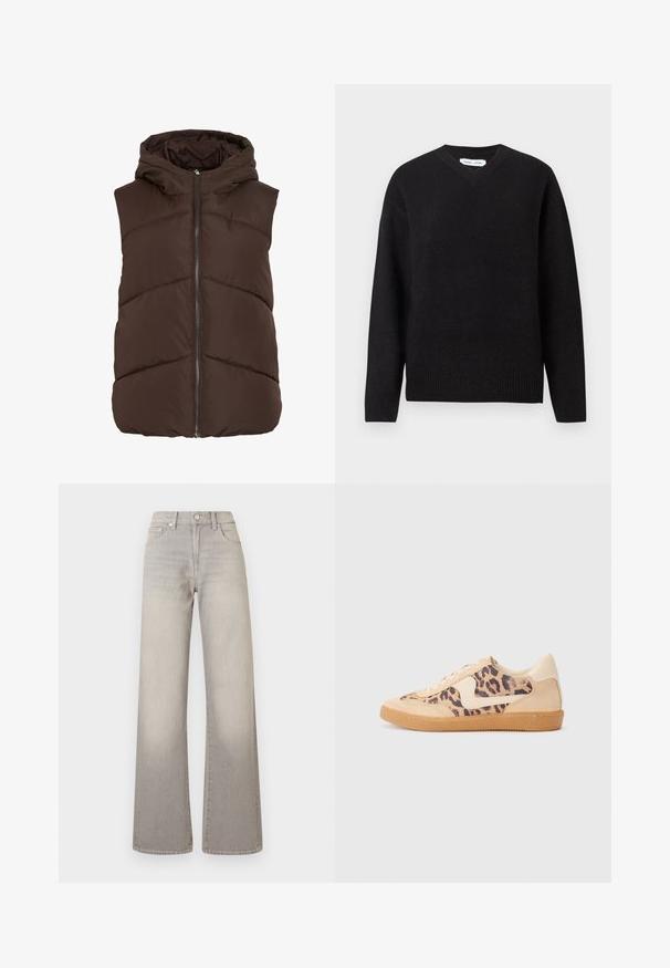 Hnědá péřová vesta s kapucí, vybavená předním zipem a vzorem švů ve tvaru šipky. Hladká, zateplená tkanina s jemnou texturou.; Černý svetr s výstřihem do V, vyrobený z měkké směsi vlny, s dlouhými rukávy a žebrovanými manžetami a lemem. Jednoduchý, klasický design bez vzorů nebo akcentů.; Šedé široké džíny s vybledlým vzhledem, zapínání na knoflík, pět kapsičkový design a prošívání podél švů.; Tenisky s leopardím vzorem, s béžovým semišovým svrškem, hnědou gumovou podrážkou a bílými akcenty. Kulatý špička a šněrovací design s texturovaným povrchem.
