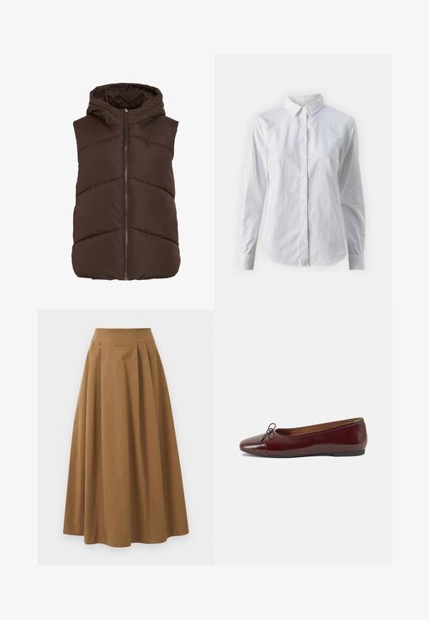 Brun puffervest med hette, som har en frontglidelås og chevronfôringsmønster. Jevnt, isolert stoff med myk tekstur.; Hvit skjorte med knapper laget av glatt bomull, med klassisk krage, lange ermer og buet skjær. Knapper er små og hvite.; Brun bomull A-linje skjørt med høy midje, med folder foran og en jevn tekstur. Kantene er rene og enkle.; Burgunderrød lakk lær ballettleilighet med rund tå, liten sløyfe foran og en lav, svart gummisåle. Glatt tekstur.