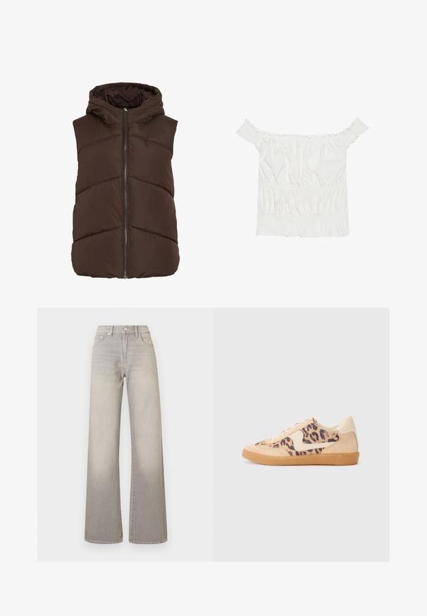 Vestă matlasată maro cu glugă, prevăzută cu fermoar frontal și model de cusături în formă de v. Țesătură netedă, izolată, cu textură moale.; Un top alb off-the-shoulder cu accente volanate, textură pliată și talie elastică. Fabricat dintr-un material moale din bumbac.; Jeans largi gri cu un finisaj decolorat, închidere cu buton, design cu cinci buzunare și detalii cusute pe cusături.; Tenisi cu imprimeu de leopard, cu partea superioară din suede bej, talpă din cauciuc maro și accente albe. Vârf rotund și design cu șireturi, cu un finisaj texturat.