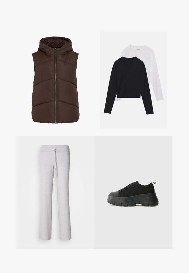 Hnedá vatovaná vesta s kapucňou, vybavená predným zipsom a vzorom šitia do tvaru rybej kosti. Hladká, zateplená látka s jemnou textúrou.; Dvoje tričiek s dlhým rukávom: jedno čierne a jedno biele. Obe majú okrúhly výstrih, raglánové rukávy a mäkkú zmes bavlny.; Svetlosivé, ribované lounge nohavice s pásom na šnúrku a širokým strihom. Hladká textúra, celkový dĺžkový silueta.; Čierne tenisky s masívnou gumovou podrážkou, textúrovaným textilným zvrškom, okrúhlou špičkou a šnurovaním. Obsahujú spevnené očká a zadný úchop.