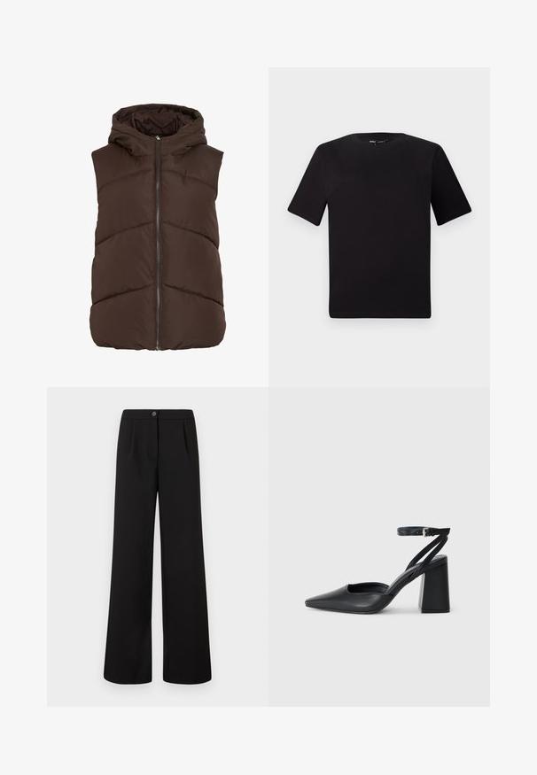 Braune Steppweste mit Kapuze, ausgestattet mit einem Frontreißverschluss und einem Chevron-Steppmuster. Glattes, isoliertes Gewebe mit einer weichen Textur.; Schwarzes T-Shirt mit kurzen Ärmeln und Rundhalsausschnitt, aus weichem Baumwollmaterial gefertigt. Schlichtes Design, keine sichtbaren Logos oder Muster.; Schwarze hohe Weite Hosen mit vorderem Knopf- und Reißverschluss, die subtile Falten unterhalb des Bundes aufweisen.; Schwarze Leder-Pumps mit spitzer Zehe, einem Knöchelriemen und einem blockigen Absatz. Flache Textur, elegantes Design und minimalistische Ästhetik.