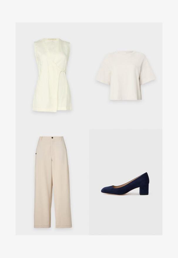 Top sem mangas em linho creme claro, com decote em V, detalhe recortado curvo de lado e um corte solto com linhas limpas.; T-shirt cropped de cor creme, feita de tecido canelado, com decote redondo e mangas curtas, apresentando um ajuste descontraído.; Calças largas bejes feitas de um tecido suave, com fecho frontal por botão, bolsos laterais e um corte descontraído.; Salgados de camurça azul-marinho com bico fino e um salto quadrado de altura média. Textura suave com um ligeiro brilho e um pequeno corte na parte da frente.