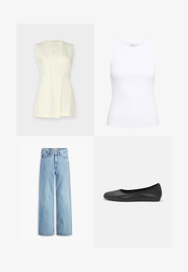 Bez rękawów top w kolorze jasnej kremowej lnu, z dekoltem w serek, wycięciem po boku w kształcie łuku oraz luźnym krojem i prostymi liniami.; Biały, prążkowany top na ramiączkach z okrągłym dekoltem i bez rękawów. Rozciągliwy materiał i dopasowany krój. Metka z tyłu informuje "GESTUZ."; Jeansy o wysokim stanie, jasnoniebieskie, szerokie nogawki, z przednim guzikiem i zamkiem błyskawicznym, pętelkami na pasek oraz pięcioma kieszeniami.; Czarne skórzane baletki z zaokrąglonym noskiem, gładką fakturą, minimalnymi przeszyciami i elastycznym designem podeszwy.