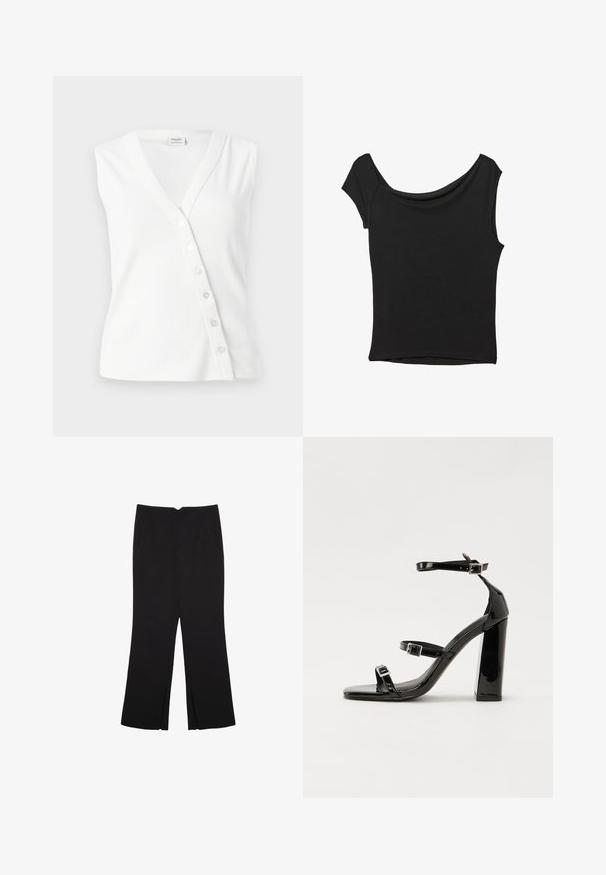 Biely bezramienkový top vyrobený z rebrovanej látky, s výstrihom do V, bočnými gombíkmi na zapínanie a štíhlym strihom.; Čierny krátky rukáv top vyrobený z hladkej tkaniny; má prehnutý výstrih a asymetrický lem, s priliehavým telom.; Čierne nohavice so strihom rovného strihu, s prednými vreckami a bočnými rozparkami na leme. Vyrobené z mäkkej, hladkej tkaniny. Vhodné na rôzne príležitosti.; Čierne lakované sandále na podpätku so štvorcovou špičkou, navlečenými remienkami okolo členku a striebornými prackami. Disponujú masívnym blokovým podpätkom pre stabilitu.