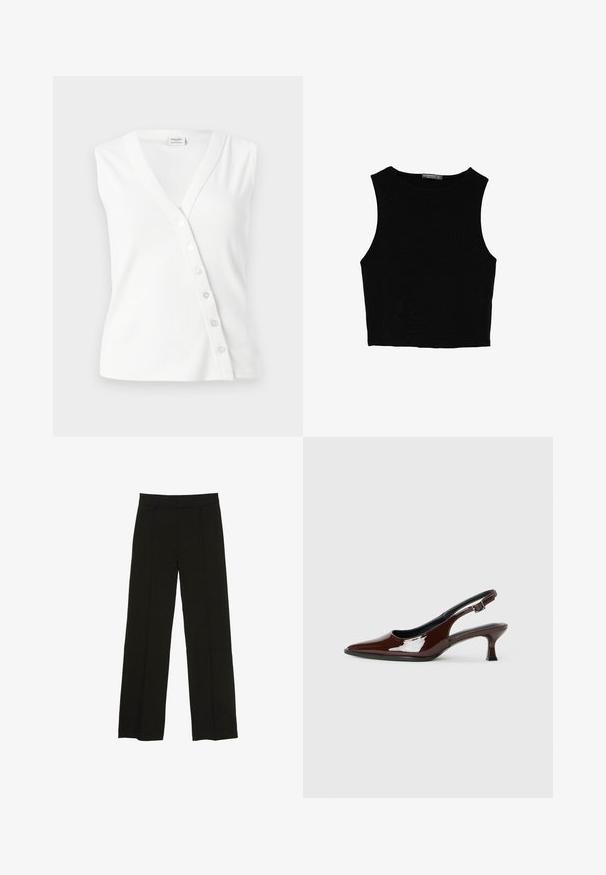 Valkoinen hihaton toppi, joka on valmistettu ribbitetusta kankaasta. Siinä on V-muotoinen kaula-aukko, sivuilla napit kiinnitystä varten ja niukka malli.; Musta hihaton crop-top, joka on valmistettu sileästä kankaasta, jossa on pyöreä kaula-aukko ja siisti, yksinkertainen muotoilu ilman kuvioita tai varusteita.; Mustat leveälahkeiset housut, jotka on valmistettu sileästä kankaasta. Niissä on istuva vyötärö ja hienovaraiset etupleatit, jotka lisäävät tekstuuria.; Ruske patentin nahkalijatke sa špicastim nosom i umjerenom petom. Sadrže remen s kopčom za sigurno pristajanje. Glatka tekstura.