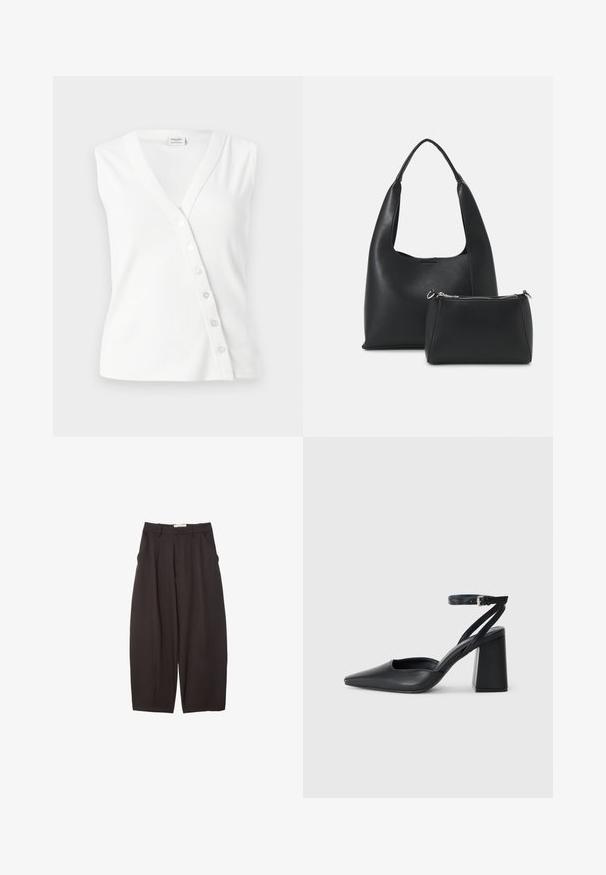 Bílý top bez rukávů vyrobený z žebrované tkaniny, s výstřihem do V, bočními knoflíky na zapínání a slim fit designem.; Bílý krátký rukáv tričko vyrobené z bavlny. Má kulatý výstřih a volný střih. Hladký materiál bez viditelných vzorů nebo akcentů.; Černé široké kalhoty vyrobené z hladkého materiálu, s vysokým pasem, předními sklady a bočními kapsami. Jednoduchý design bez ozdob.; Černé kožené lodičky se špičatou špičkou, kotníkovým páskem a silným podpatkem. Hladká textura, elegantní design a minimalistická estetika.; Even&Odd Kabelka - black