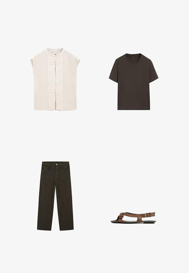Light beige linen top with a mandarin collar, short sleeves, and decorative knot buttons along the front. Straight-cut, unstructured design.; Dark brown short-sleeve t-shirt made of cotton. Features a round neckline and a relaxed fit, with no visible patterns or accents.; Dark green wide-leg jeans made of cotton blend, featuring a front button closure, five pockets, and classic denim stitching.; Brown leather sandal with an open toe and side cutouts. Features an ankle strap with a metal buckle and a flat sole.