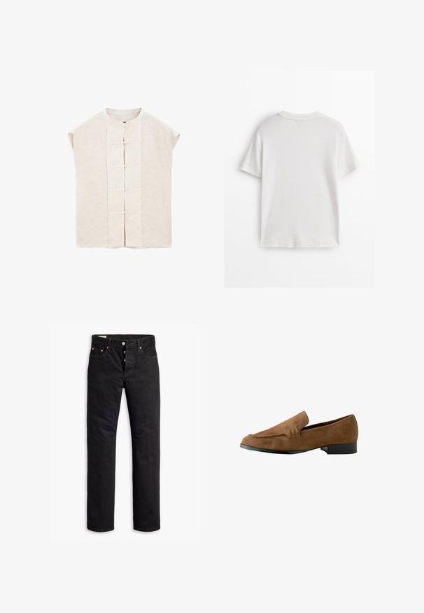 Hellbeige Leinenoberteil mit Stehkragen, kurzen Ärmeln und dekorativen Knotenknebeln entlang der Vorderseite. Gerader Schnitt, ungezwungene Gestaltung.; Weißes Baumwoll-T-Shirt mit kurzen Ärmeln, rundem Ausschnitt und glatter Textur. Die Rückseite ist einfarbig ohne zusätzliche Muster oder Designs.; Schwarze Denim-Jeans mit geradem Schnitt, Fünf-Taschen-Design und Knopfverschluss. Mit Kupfennieten und Nähtelementen.; Braune Wildleder-Loafers mit leicht erhöhtem Absatz, glatter Textur, Nähten an der Vorderseite und einer runden Zehenform.