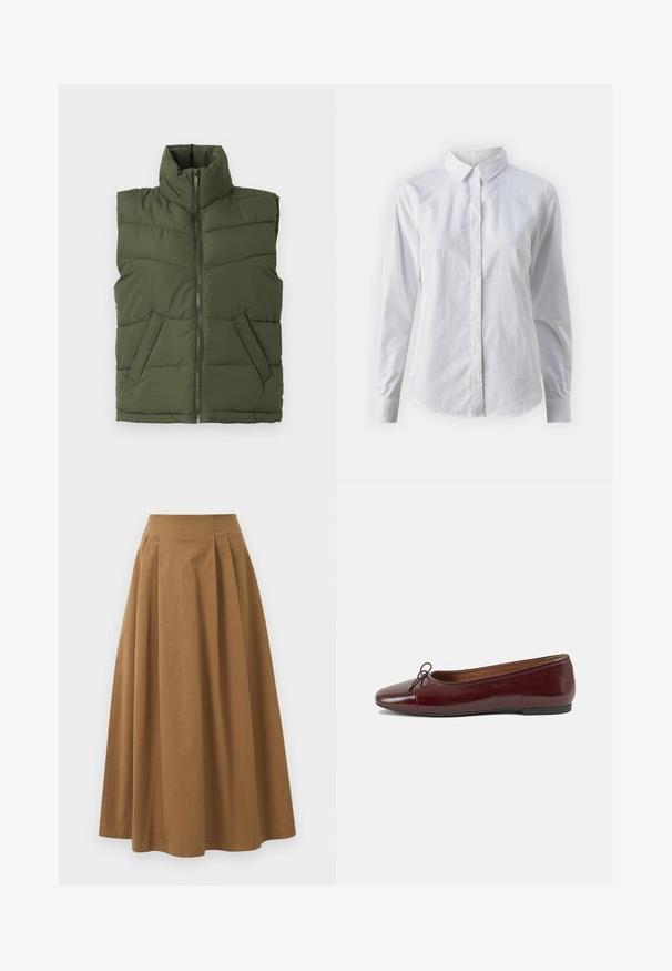 Colete puffy verde com gola alta, fecho com zip, e bolsos frontais. Apresenta textura acolchoada e design sem mangas.; Camisa branca de botão feita de algodão suave, com colarinho clássico, mangas longas e bainha curva. Os botões são pequenos e brancos.; Saia A-line de algodão castanho com cintura alta, apresentando pregas na parte da frente e uma textura suave. As bordas da bainha são limpas e simples.; Bailarinas em couro sintético borgonha com bico redondo, pequeno laço na frente e sola baixa em borracha preta. Textura suave.
